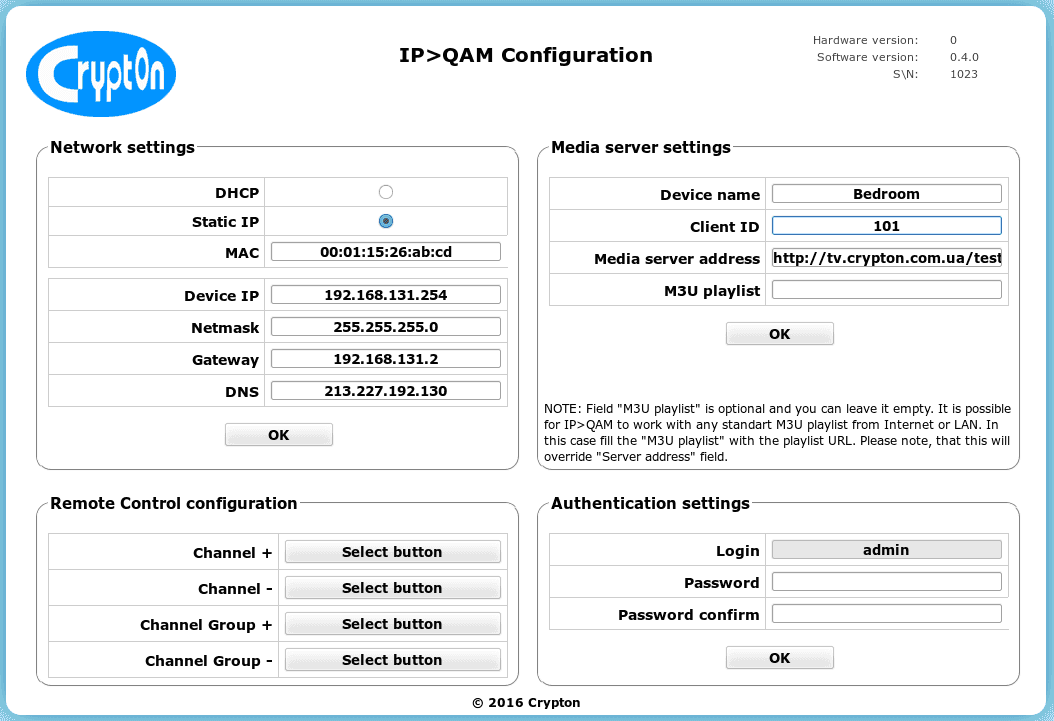 IPTV set-top box IP-QAM: WEB interface. IP-QAM configuration, Configuration page.